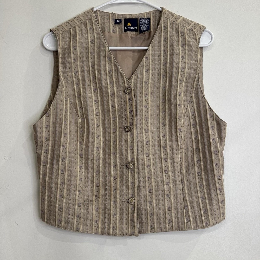Vintage Liz Sport Womens‎ V-Neck Striped Floral Embroidered Vest Size 12 Lined